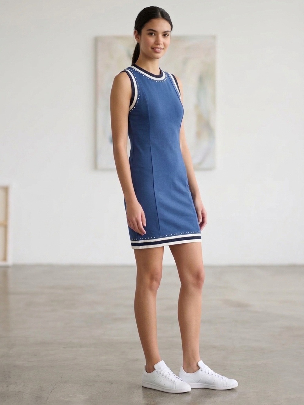 Grayse Sleeveless Blue Knit Shift Dress with Contrasting Trim Size M